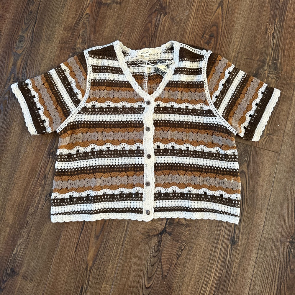 Ultra Pink Crochet Top with Earthy Stripes size L NWT